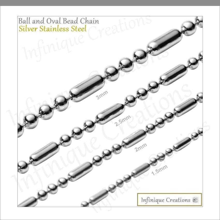 Stainless Steel Silver Ball And Oval Bead Chain Bracelet Necklace 1mm-3mm 7-38″
