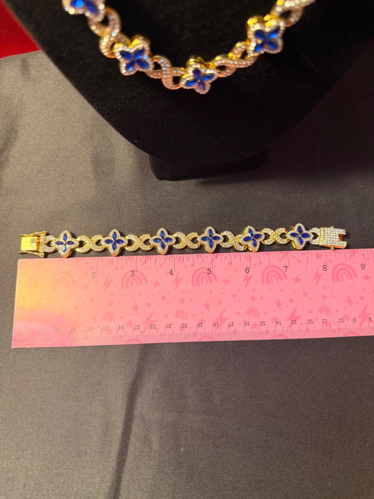 CZ Clover chain and bracelet yellow gold plated blue and white gem stones