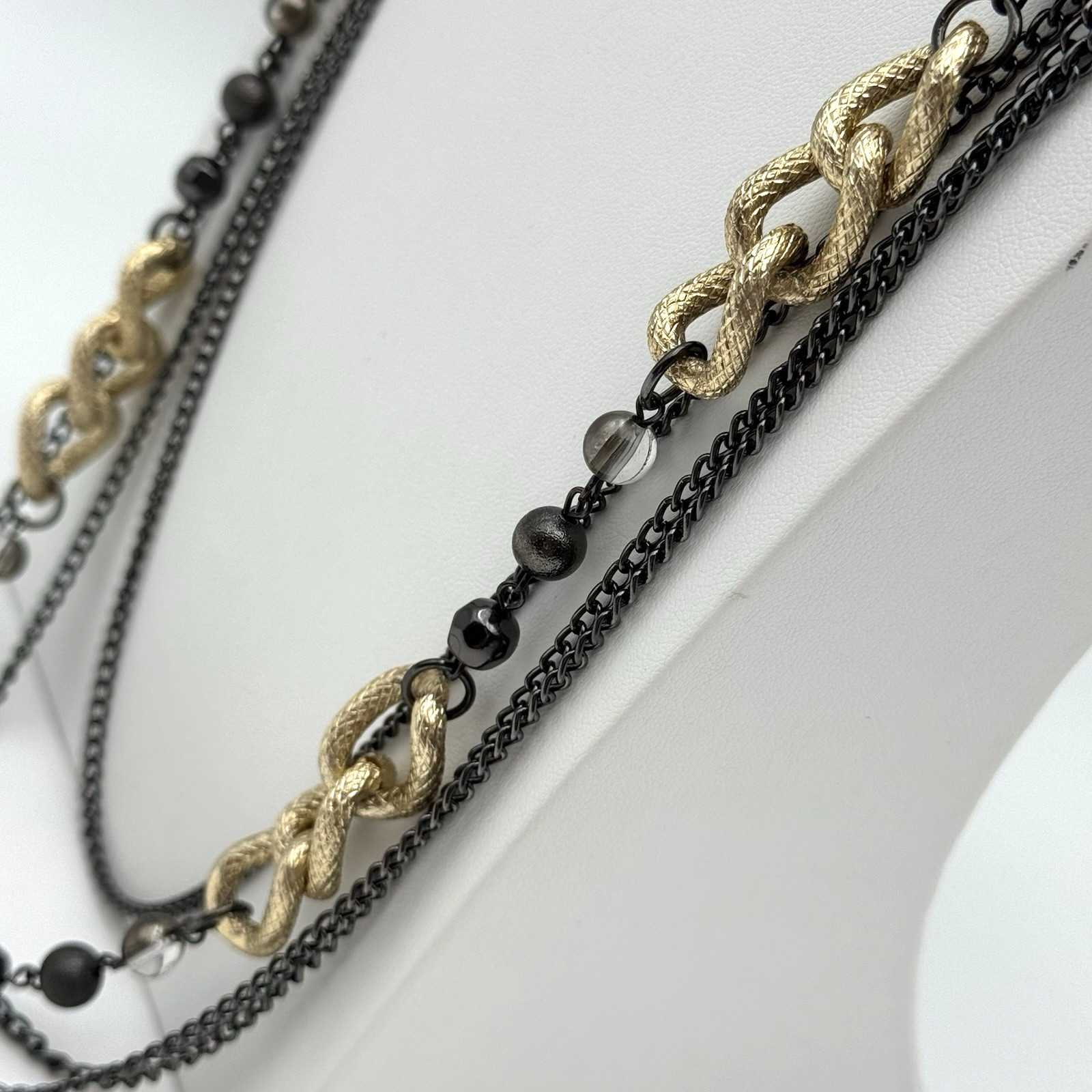 NY & Co Mixed Metal Layered Chain Necklace Gunmetal Gold Tone Statement 36″