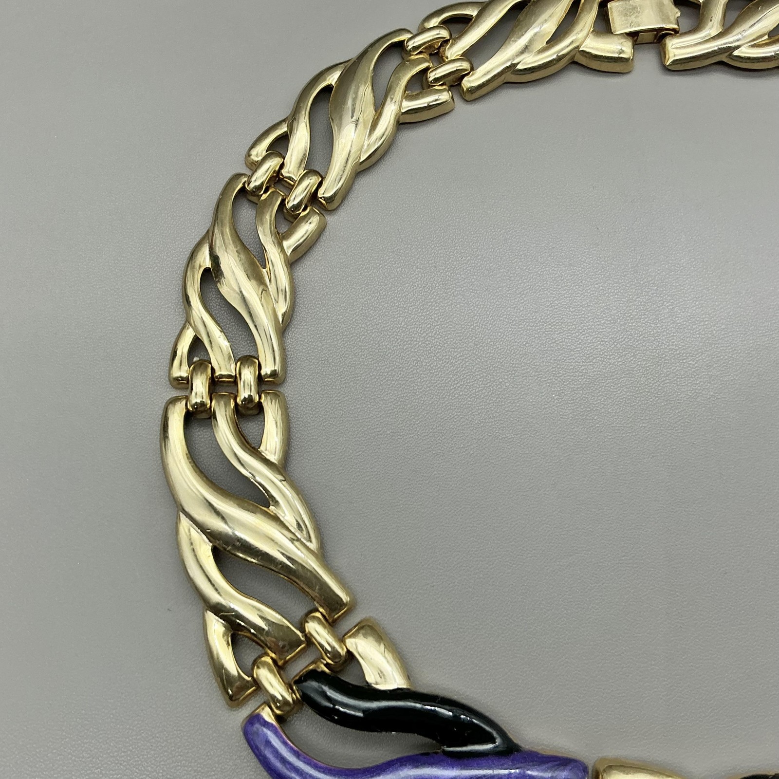 Necklace Statement Collar Gold Tone Purple Black Enamel Wave Womens Jewelry
