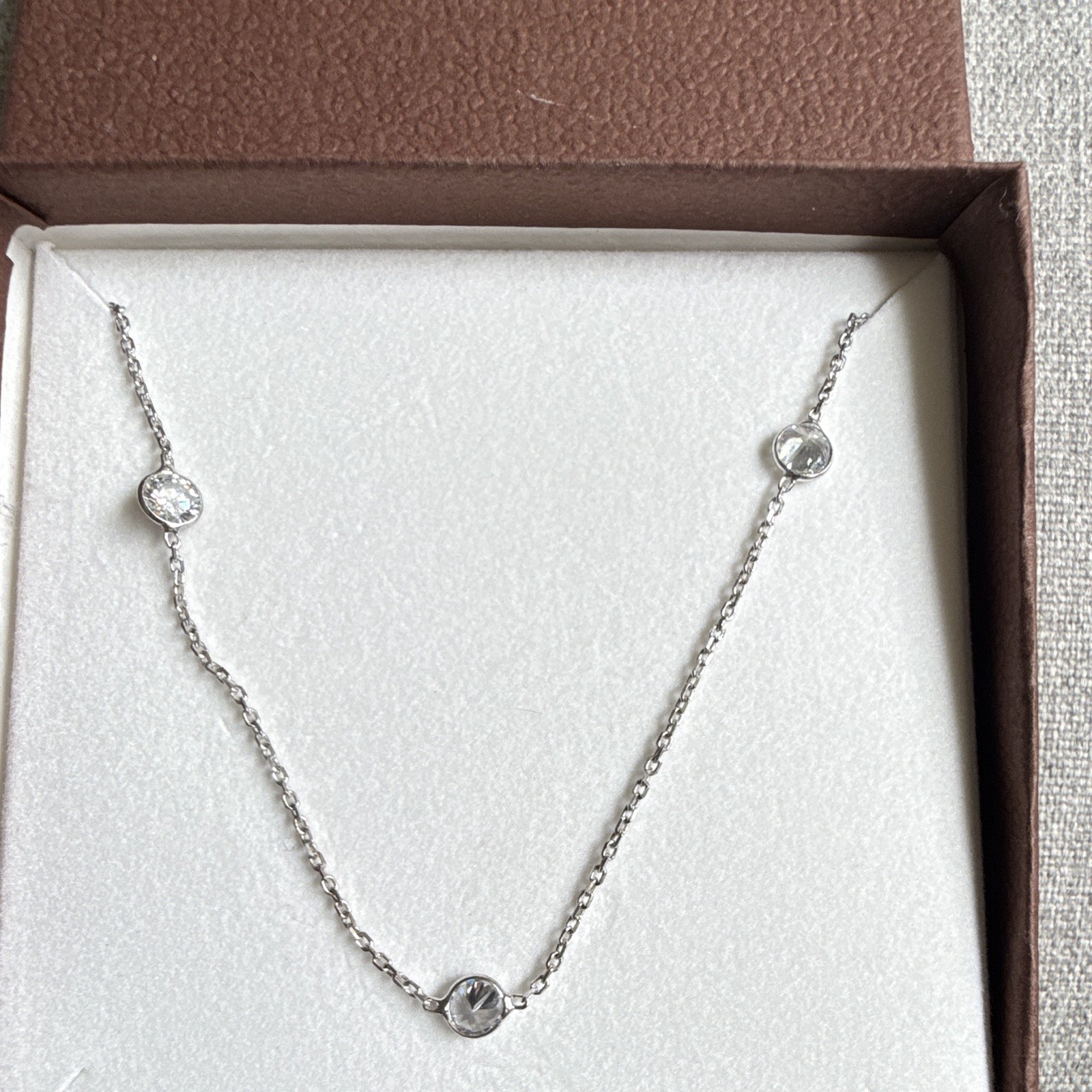 Jennifer Miller Signed 925 Sterling Silver CZ Station Necklace, Cable Chain