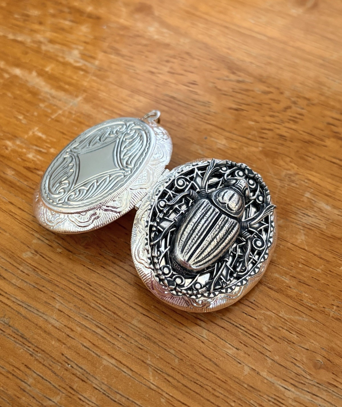 Scarab Beetle Locket Necklace, Memorial Ashes Photo Keepsake Art Nouveau Pendant