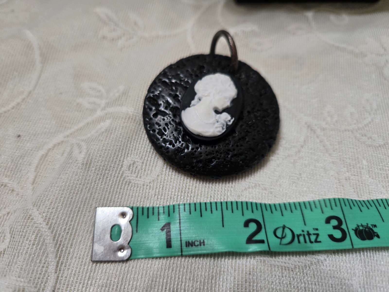 Vintage French Black & White Cameo Round Pendant with Oval Profile, Lava Stone