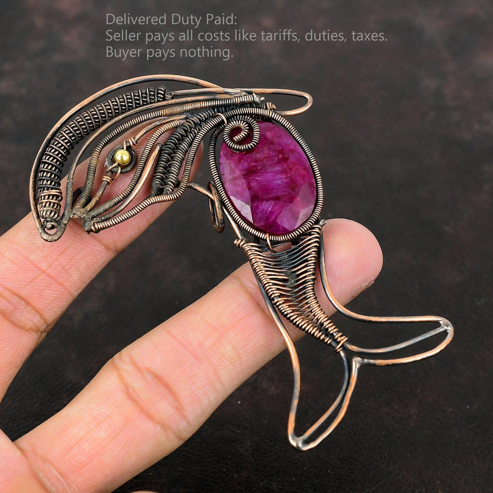 Copper Natural Kashmir Rubi Sister Wire Wrapped Fish Anniversary Pendant Jewelry