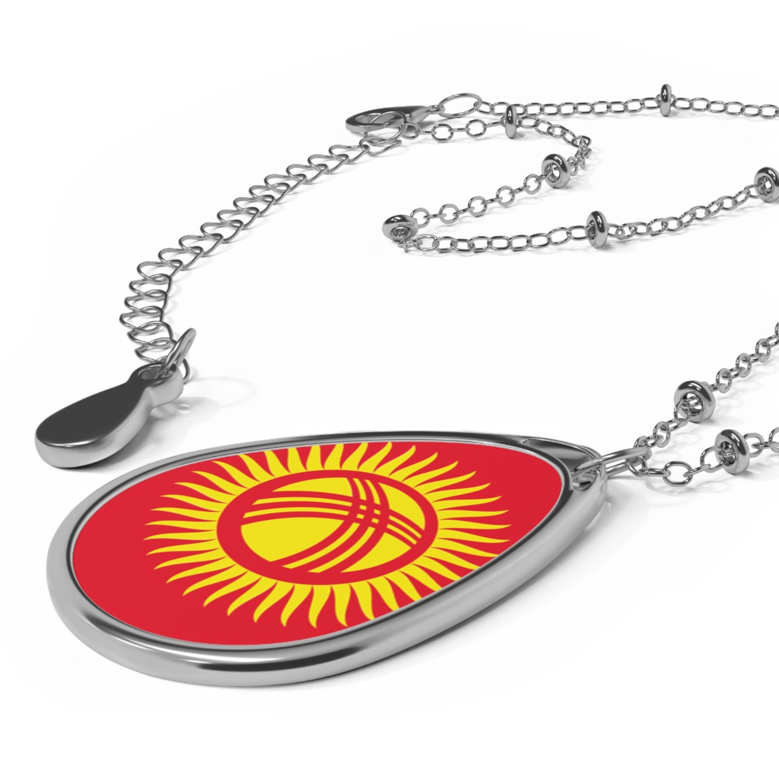 Kyrgyzstan Flag Necklace – Oval Kyrgyz Heritage Pendant – One Size / Silver