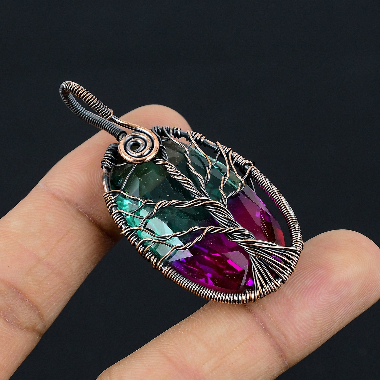 Bi Color Tourmaline Gemstone Copper Wire Wrap Jewely Pendant 2.3″ d113