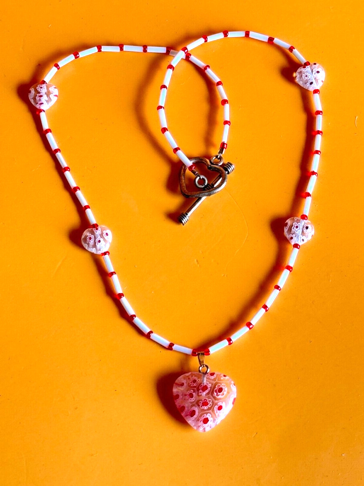 Valentine Heart Glass Beaded Red White Artisan Lots of Hearts Necklace 17″