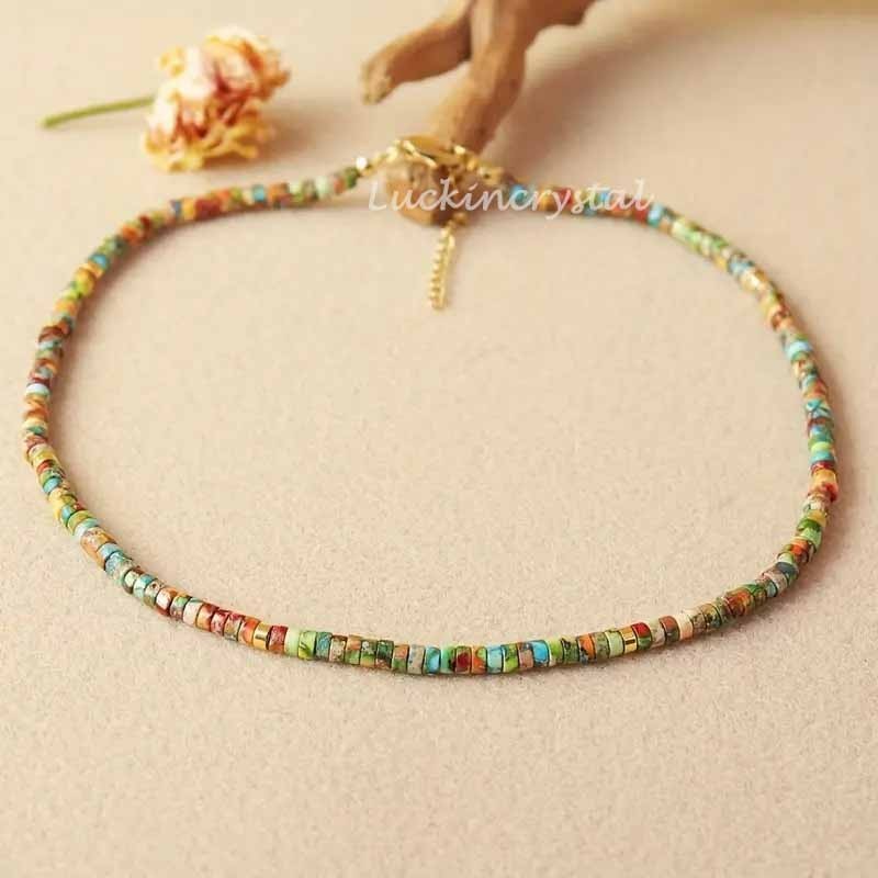 Natural Cube Floral Imperial Jasper Beaded Choker Summer Minimalist Necklace