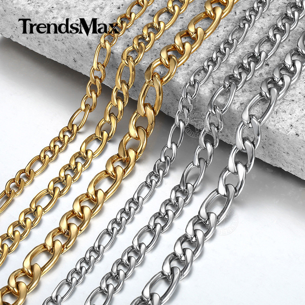 3/5/7/9mm 16″-30″ Gold Plated Stainless Steel Figaro Chain Necklace Men Women