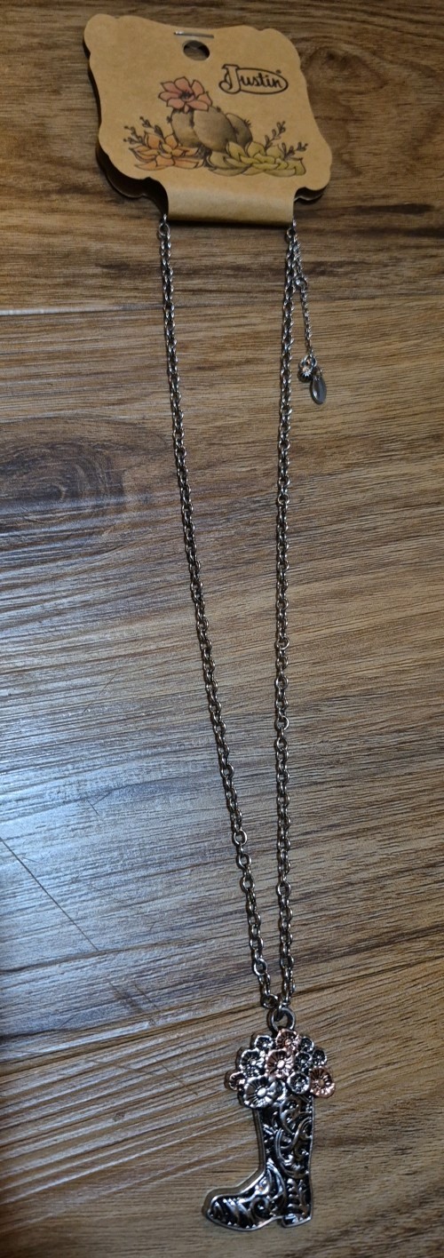 Justin Necklace Boot Charm with Flowers Long Chain Western Jewelry NWT