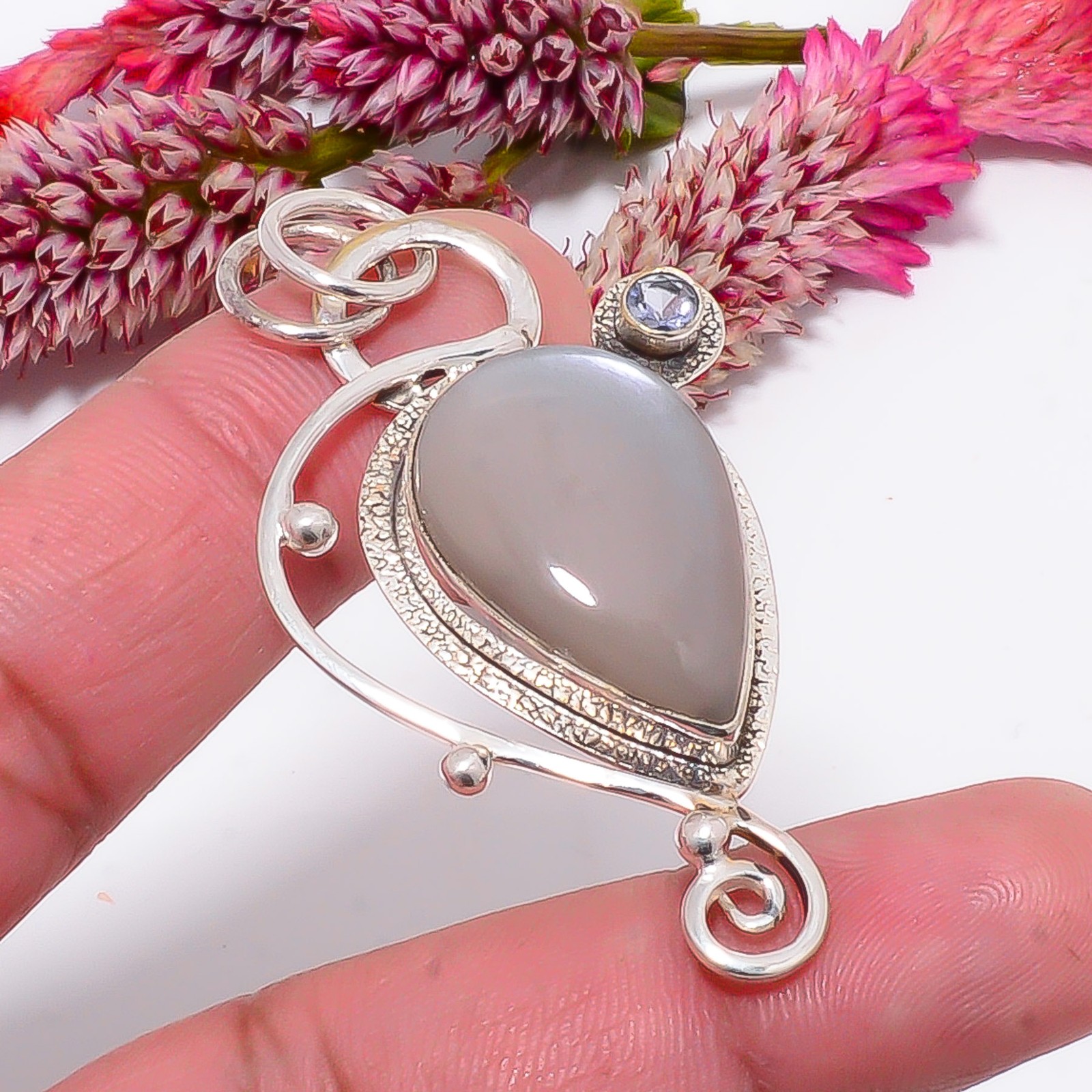 Gray Moonstone – Sri Lanka & White Topaz 925 Sterling Silver Pendant 2.15″ sku40
