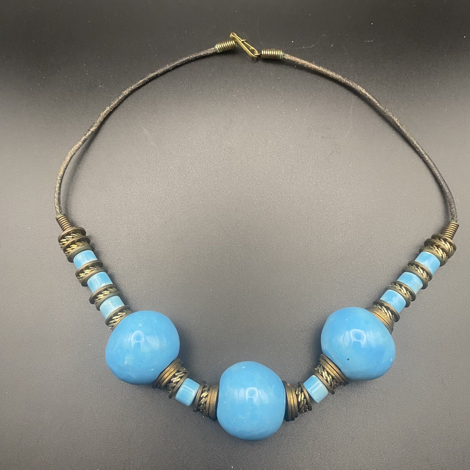 Chunky Necklace 18″ Choker Blue Turquoise Ceramic Beads Metal Disc Boho Western