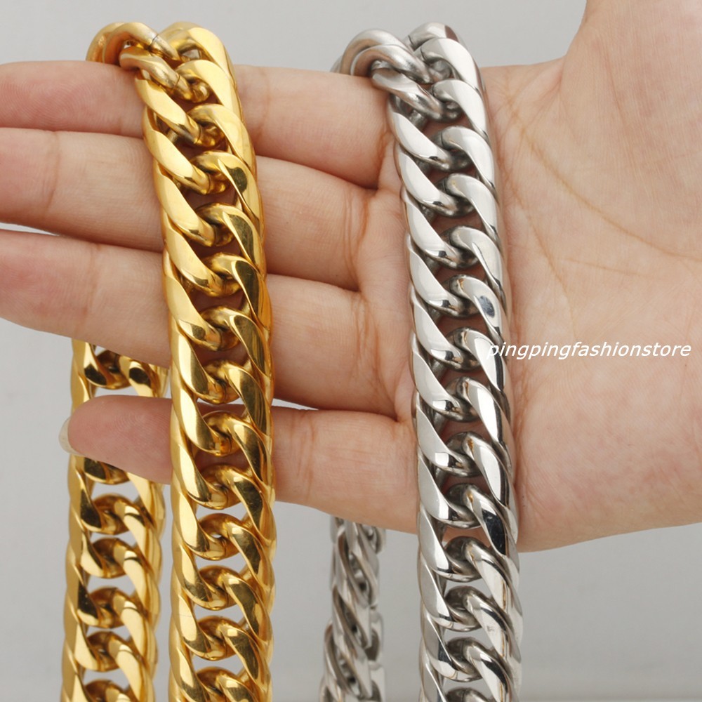 16/20mm Huge Stainless Steel Silver/Gold Curb Cuban Chain Men’s Necklace 7″-40″