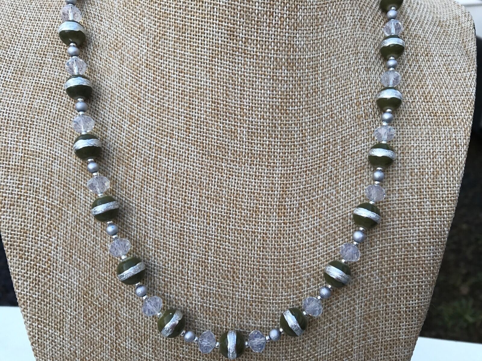 Handmade Necklace of Round Olive Green and Silver Glass Beads with Clear Glass