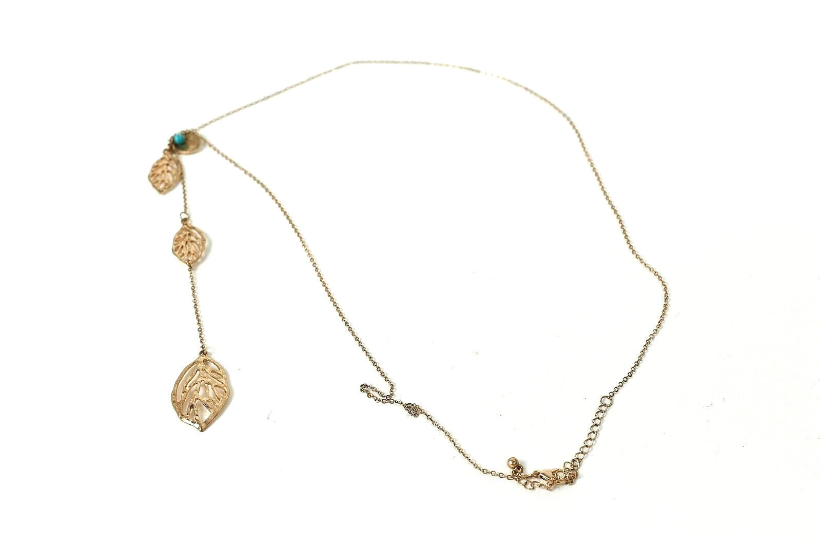 Gold Tone Open Metalwork Triple Leaf “Y” Necklace 24″ long + 3″ extender