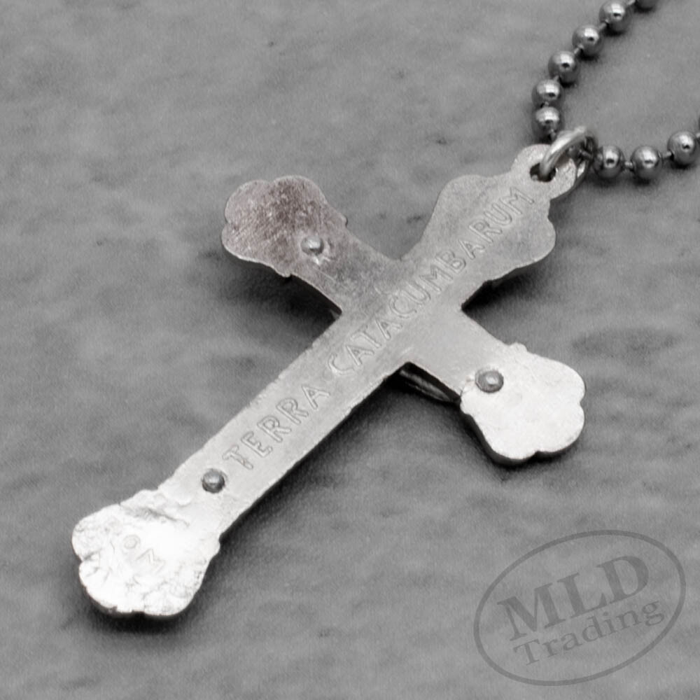 Relic Crucifix Pendant Necklace w Roman Catacombs Dirt Silver Plate Cross Italy