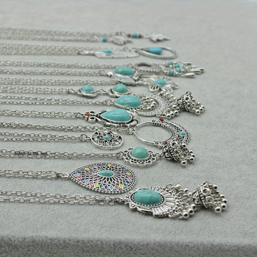 15Pcs Bohemian Vintage Fashion Jewelry Set Ethnic Turquoise Pendant Necklaces