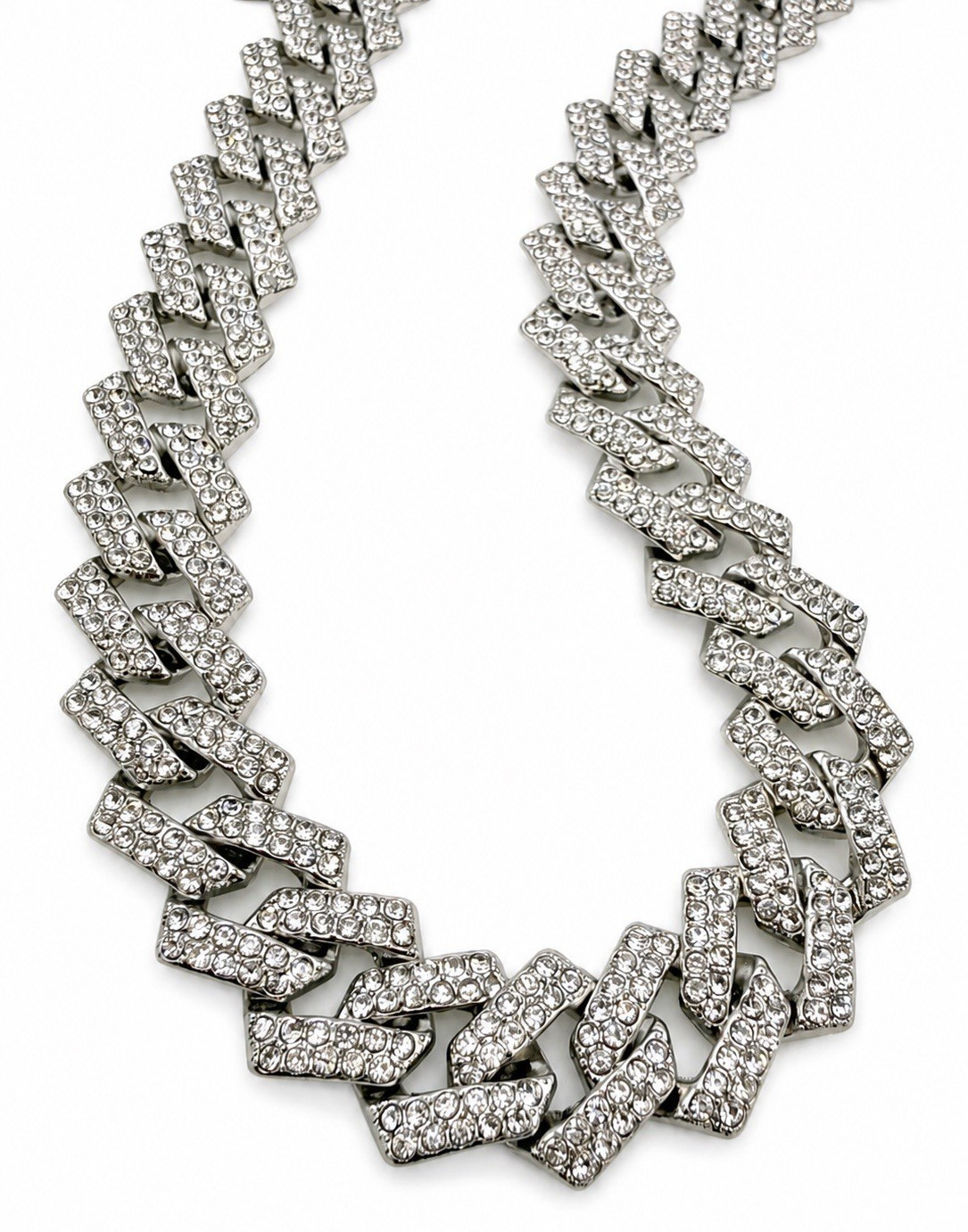 Silver Tone Pavé Bling Crystal Rhinestone Cuban Link Necklace 20″ NWOT