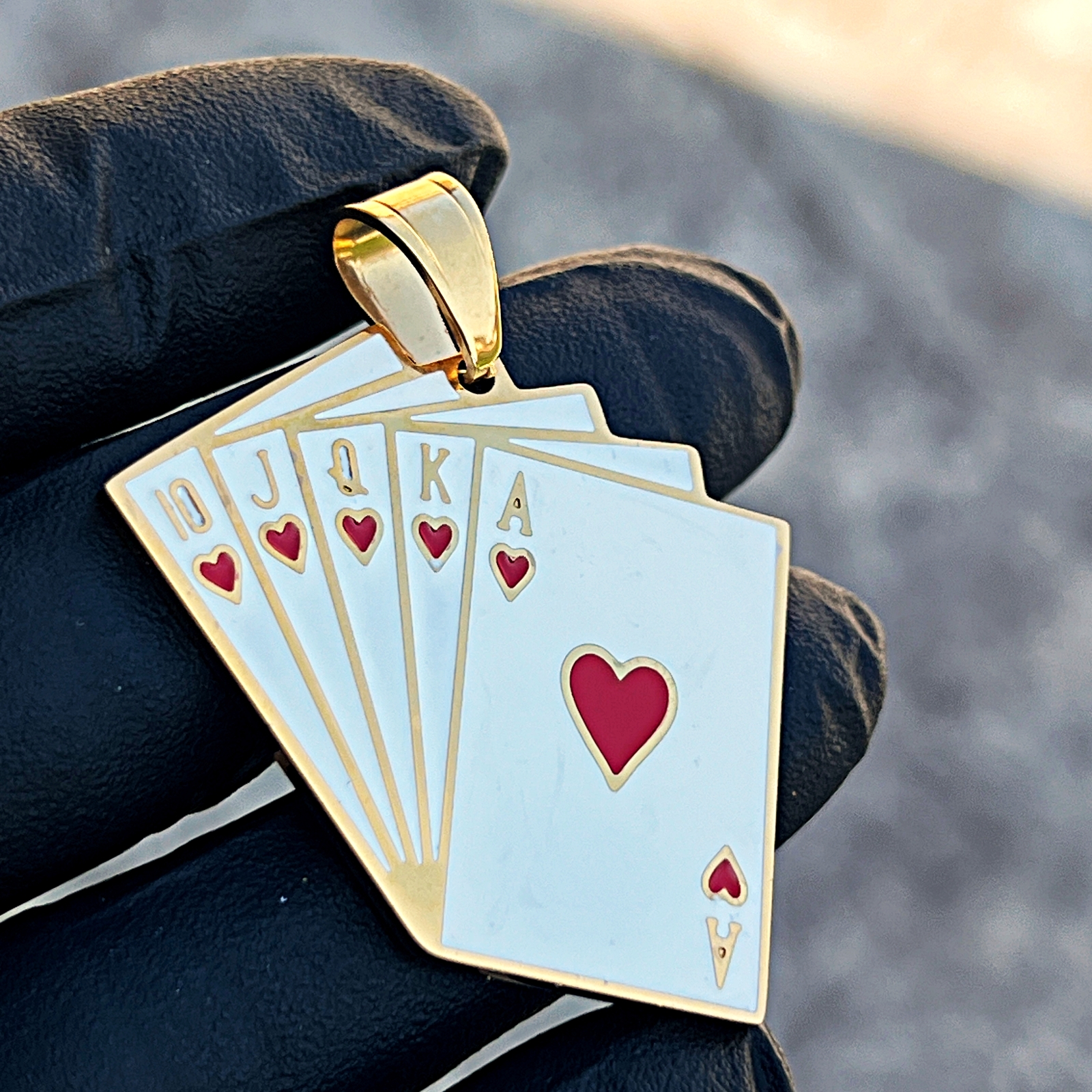 18K Gold Plated Stainless Steel Hearts Royal Flush Poker Playing Cards Pendant