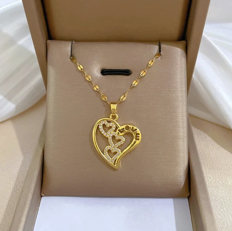 1pc Heart Zirconia Necklace Gold Color Stainless Steel O-Chain – NEW