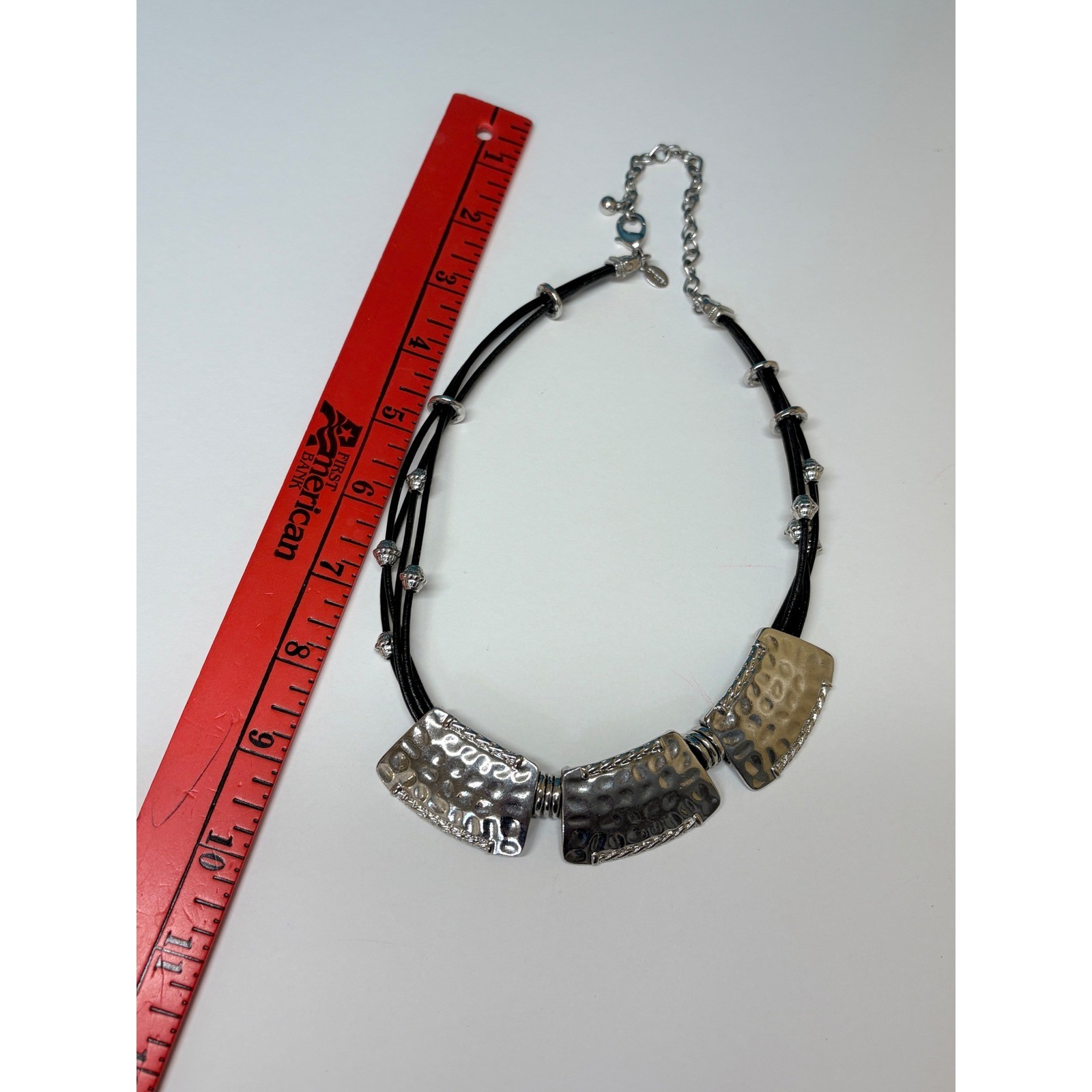 Chicos Mixed Metal Hammered Bib Statement Necklace Black Multi Strand Cord