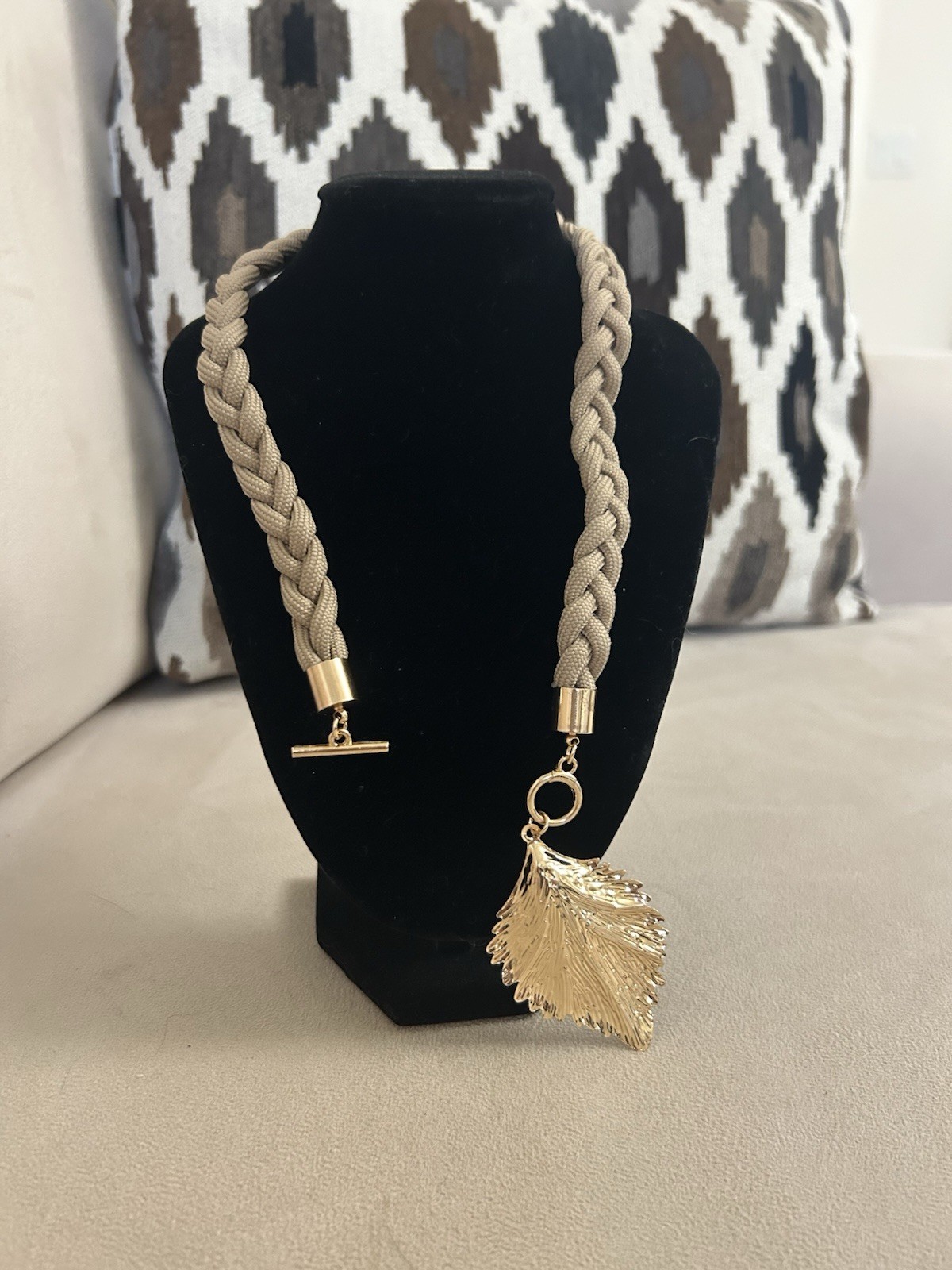 Braided Faux Leather Necklace Gold Tone Leaf Charm Pendant Toggle Nature