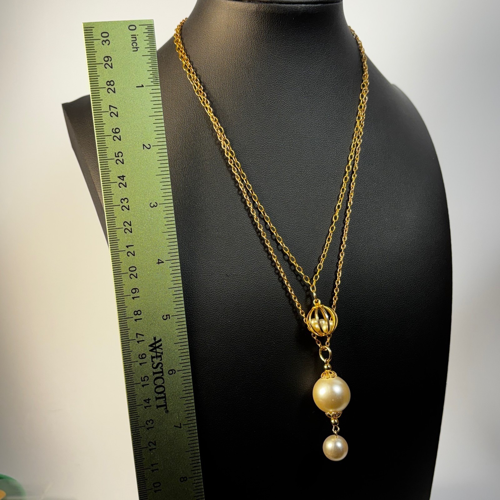 Gold Tone Layered Faux Pearl Pendant Necklace Set Orb Birdcage Drop 18-20 In