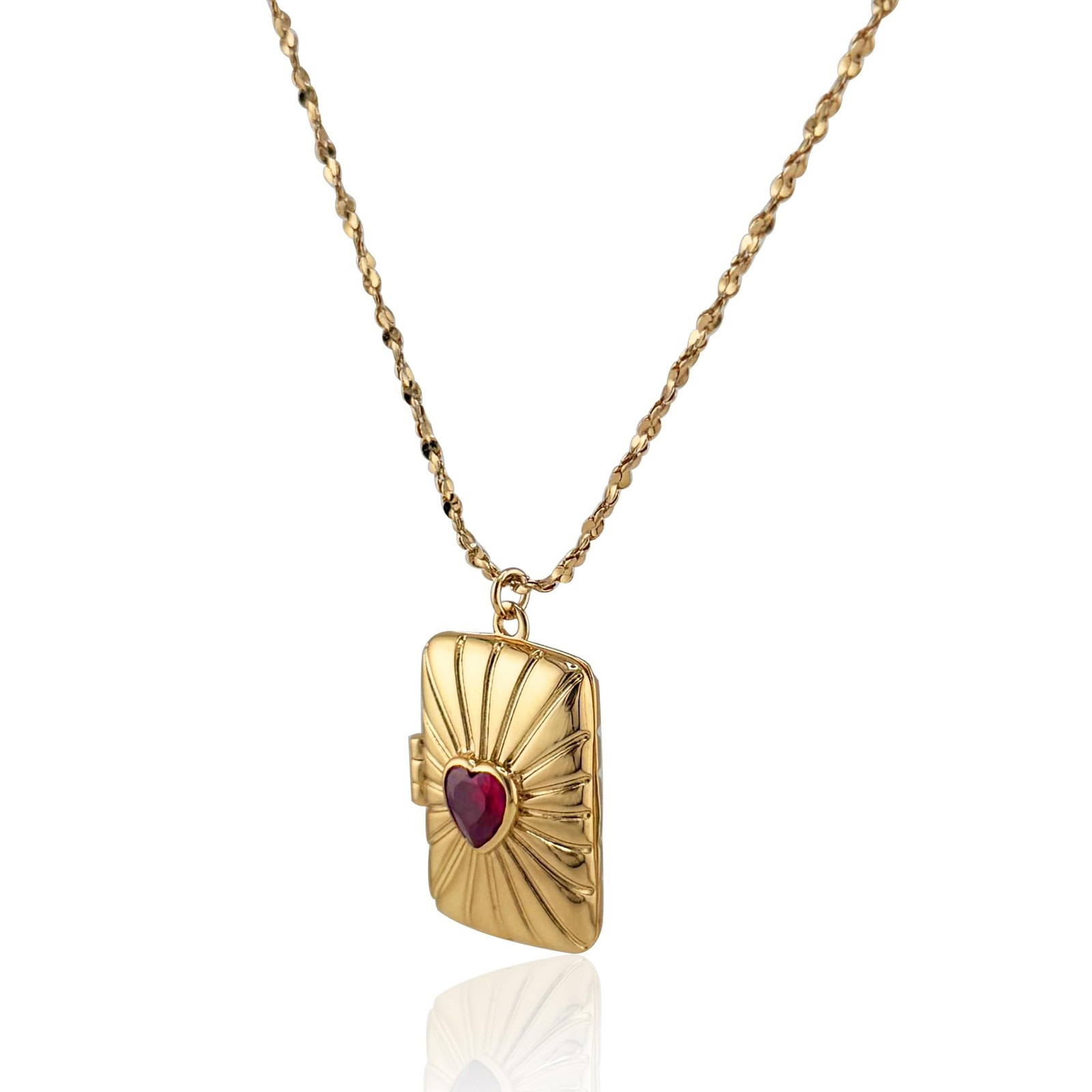 Vintage Gold-Tone Rectangular Locket Necklace with Red Heart