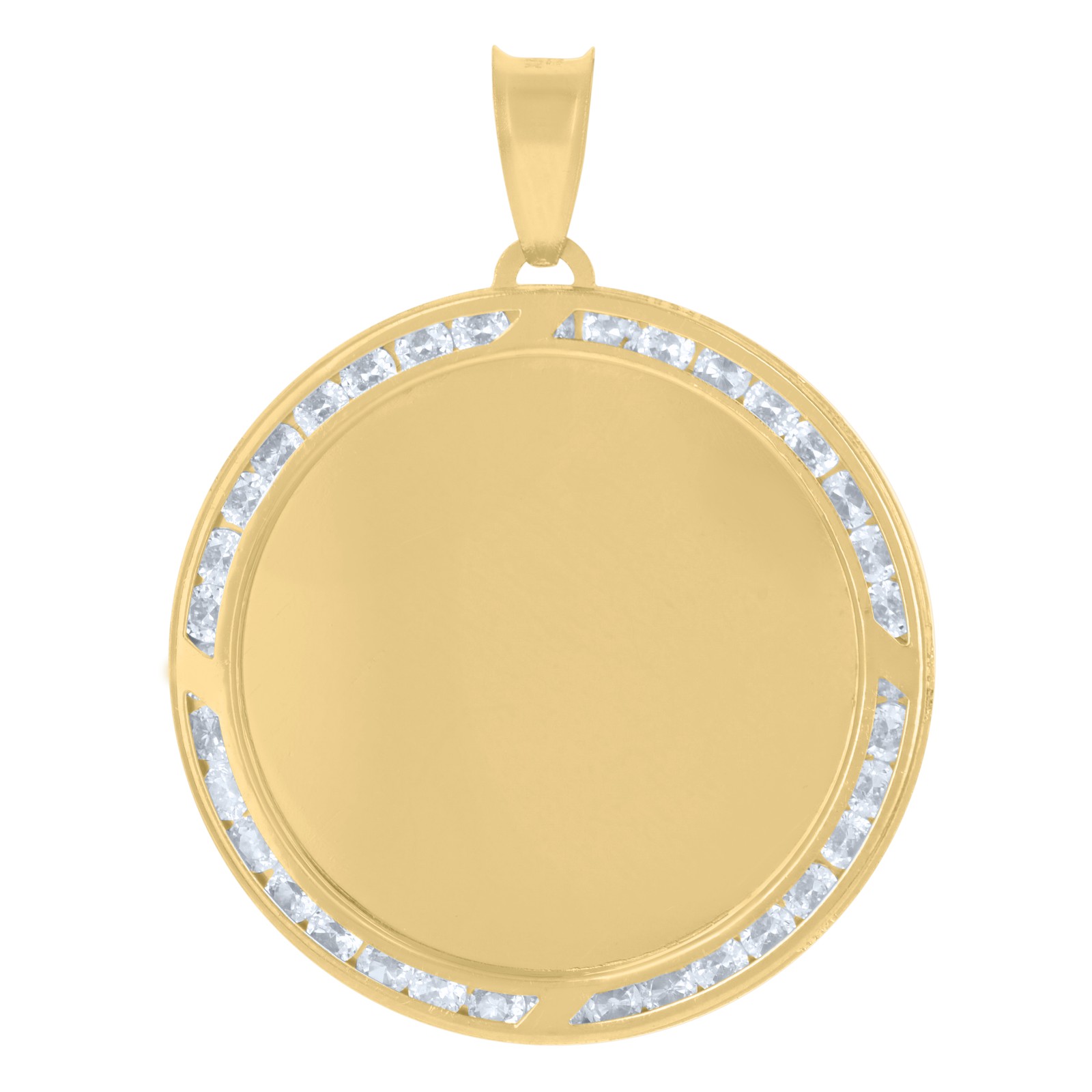 10K Yellow Gold Channel Set CZ 1.55″ Charm Round Picture Memory Frame Pendant