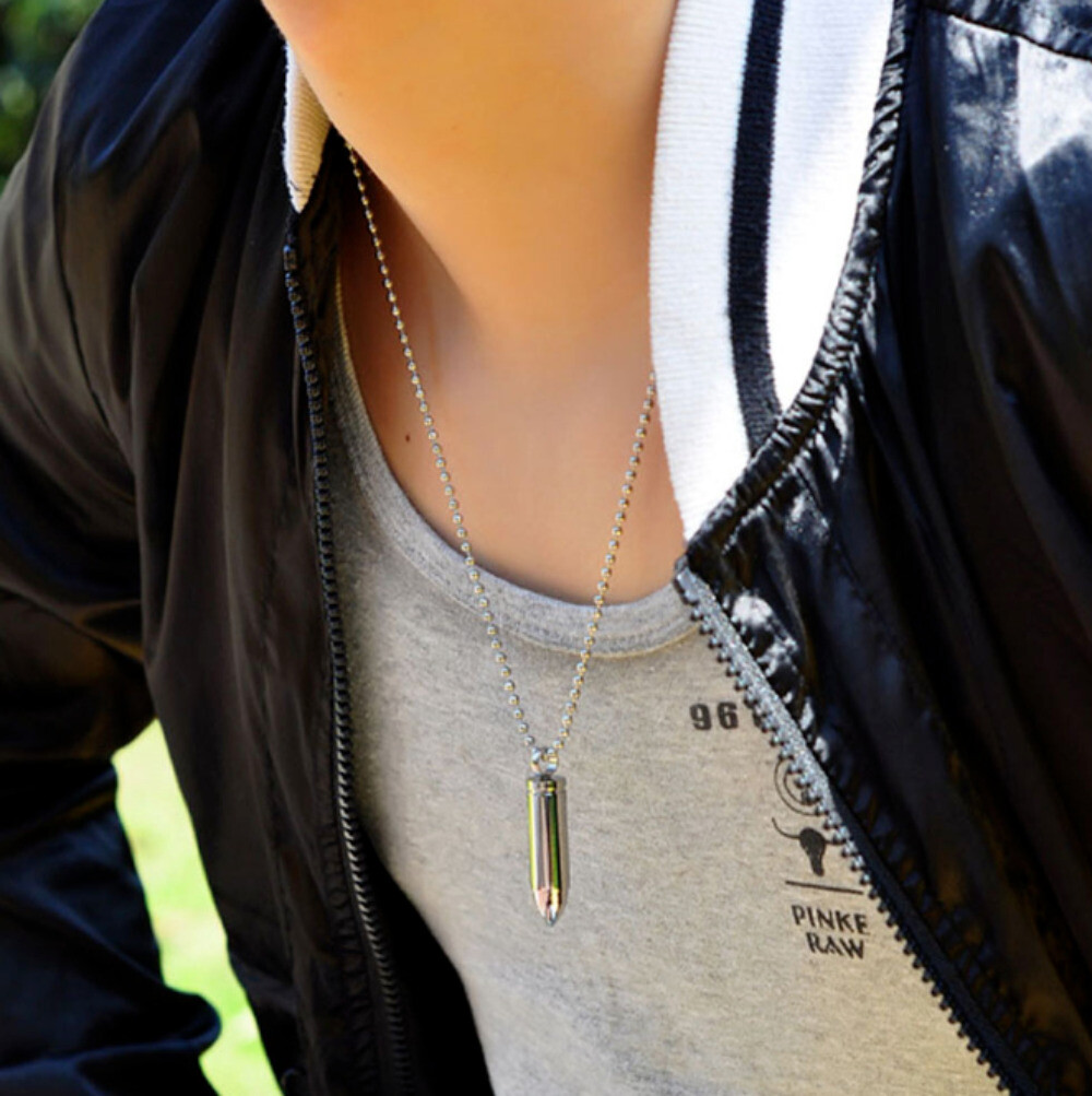 Mens Stainless Steel Necklace Open Bullet Pendant Pill Case Holder Male Jewelry