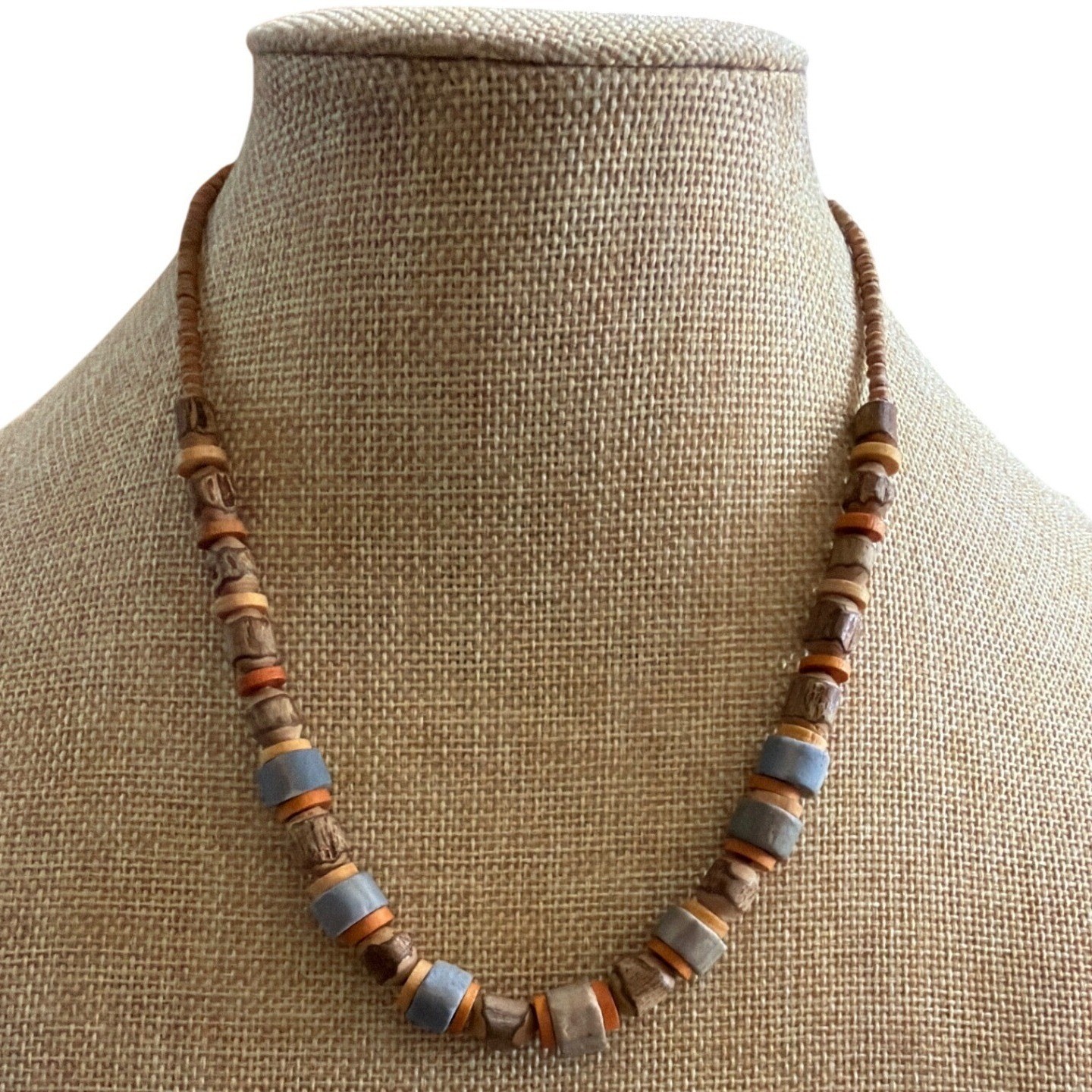 Natural Wood and Clay Beaded Necklace Brown Blue Terracotta Earthy Boho Coastal