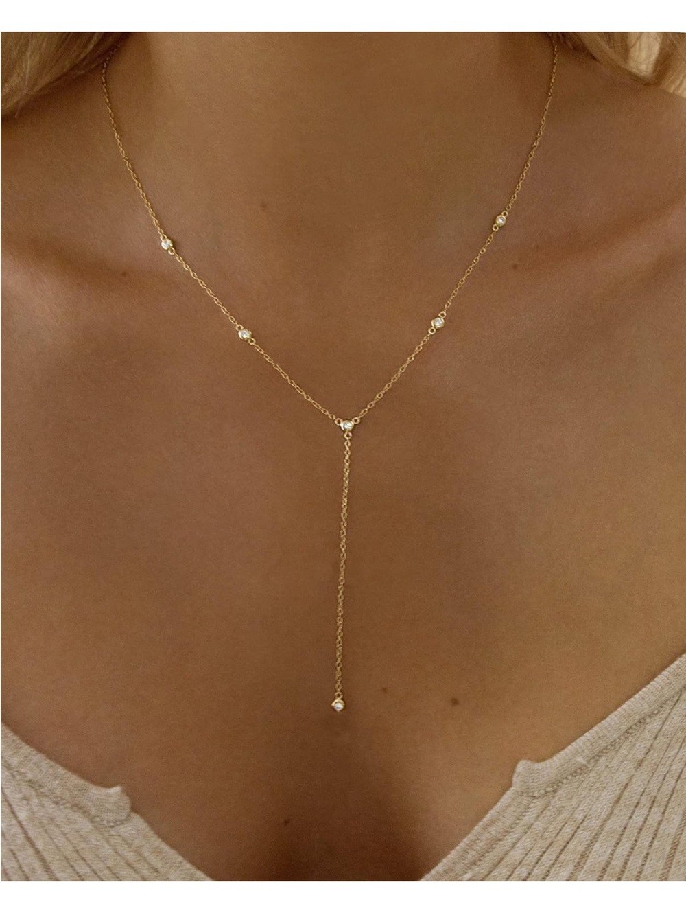 14k Gold Plated Dainty Lariat Necklace with Crystal Accents