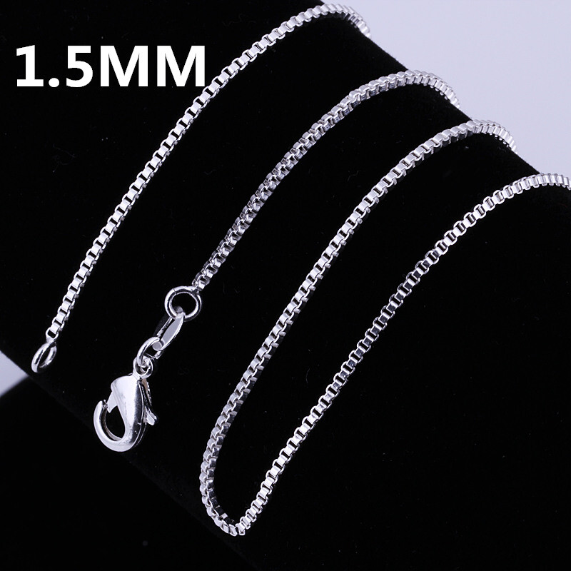 925 Sterling Solid Silver 1MM/1.5MM/2MM Box Chain Necklace For Women 16-24″