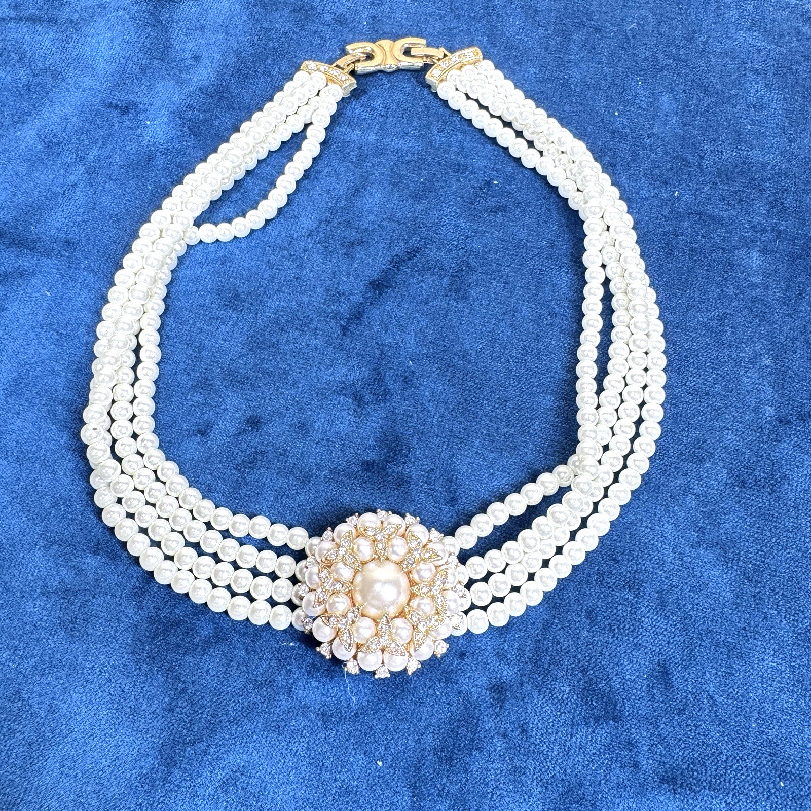 Faux Pearl Multi Strand Choker Necklace Gold Tone Floral Cluster Costume Jewelry