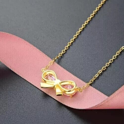 Women’s Bow Pendant 2Ct Pear Cut Simulated Pink Sapphire 14k Yellow Gold Plated