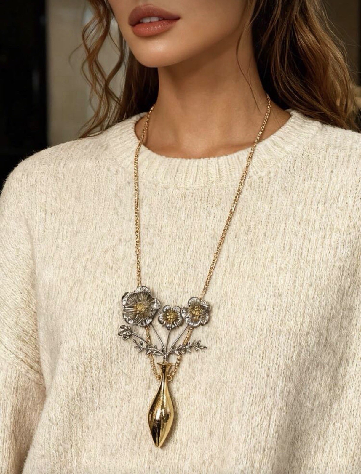 Flower Vase Gold & Silver Necklace Oversized Botanical Long Boho Jewelry NEW