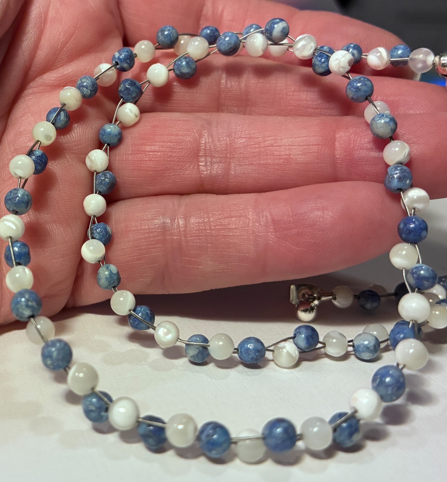 Boho Sodalite Blue & White MOP 2-strand Woven Necklace Chocker 16″-19″ Adj,