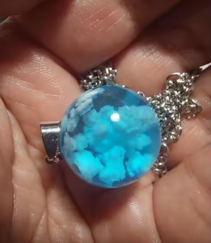 Blue Sky White Cloud Resin Ball Pendant Necklace Round Chain Gift for Women