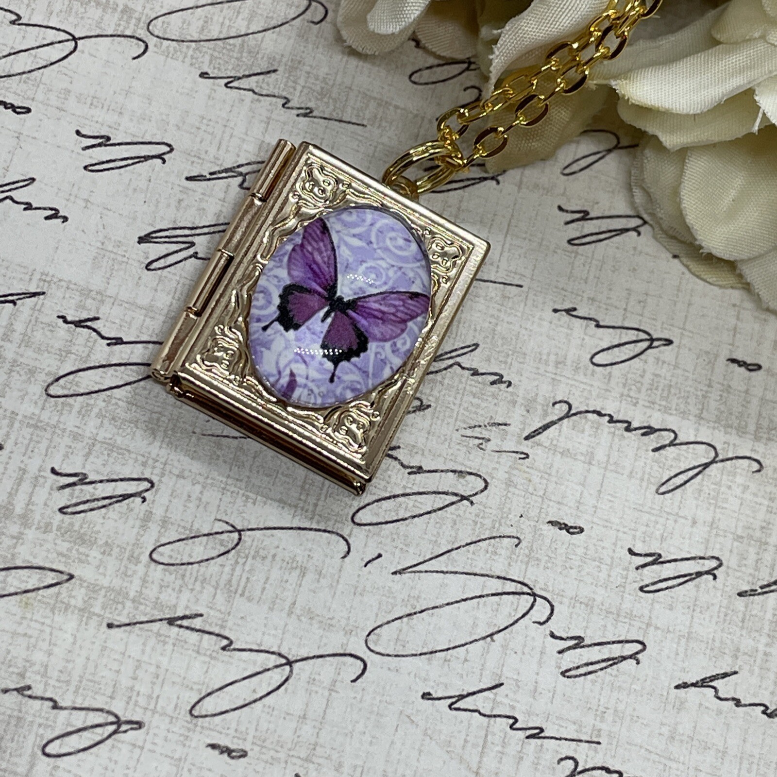 Gold Birthday anniversary purple BUTTERFLY book Locket pendant necklace photo
