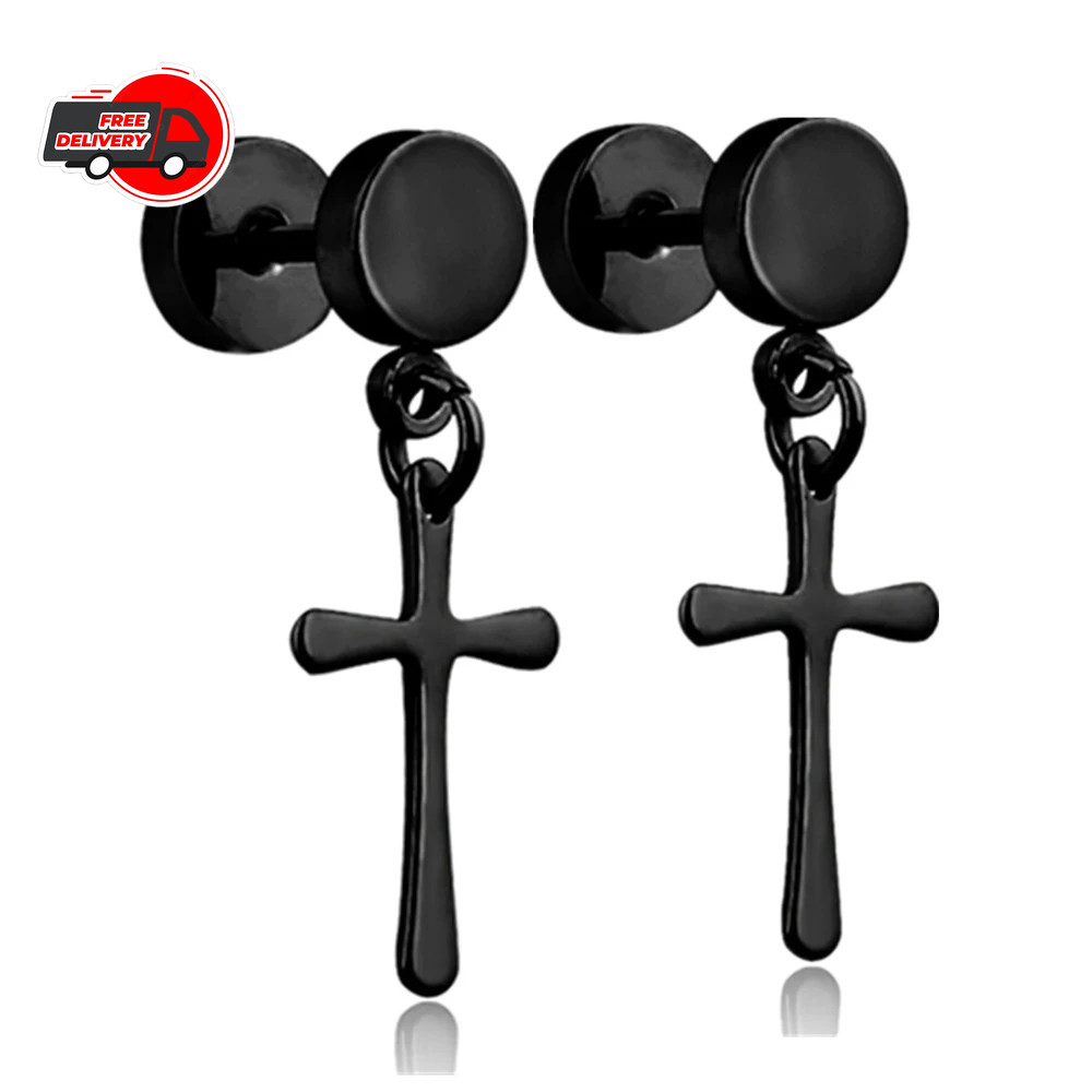 Punk Black Cross Stainless Steel Hoop Earrings for Women Men Fashion Vintage