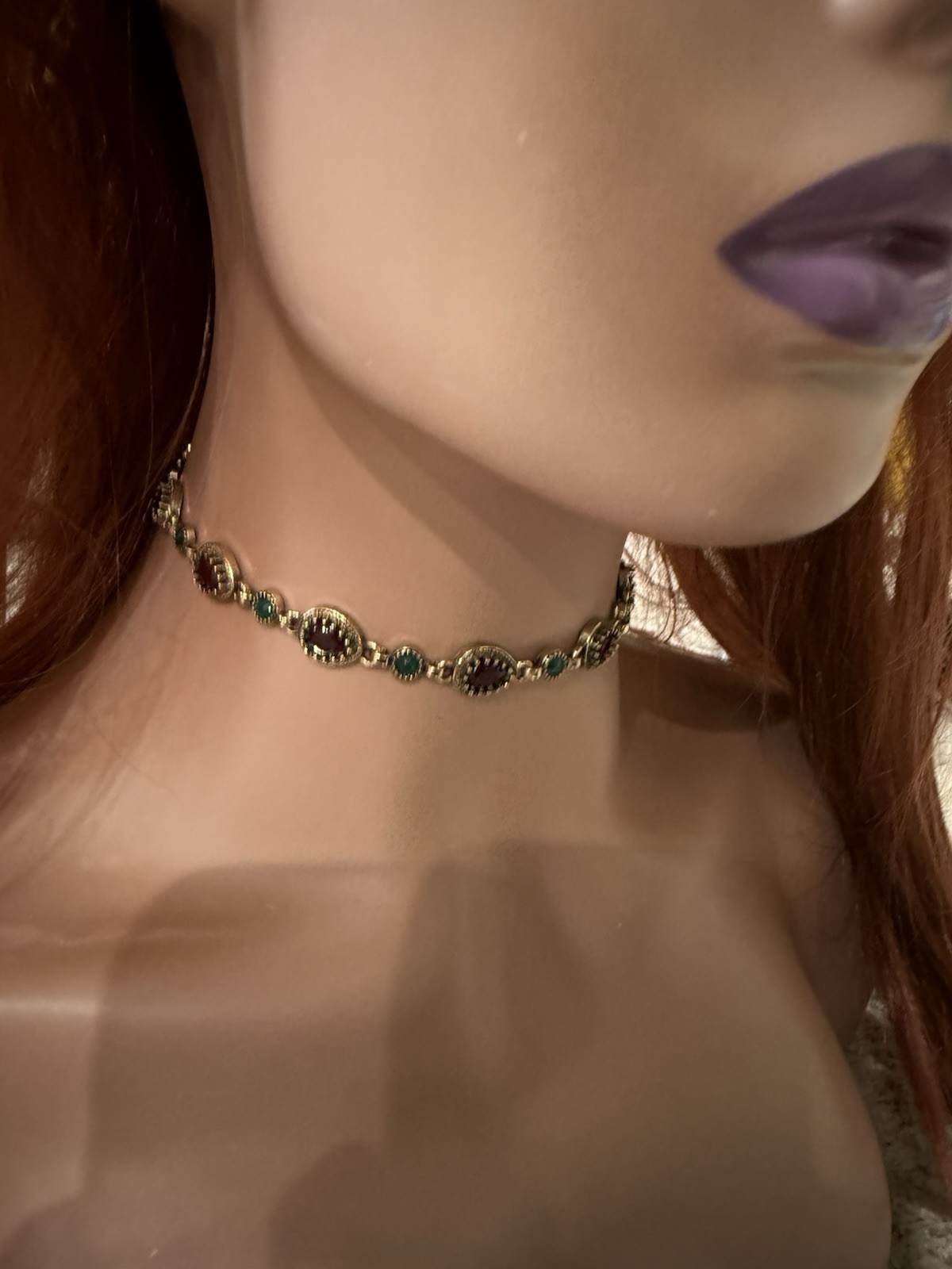 Gold Choker Necklace Chunky Statement Red Green