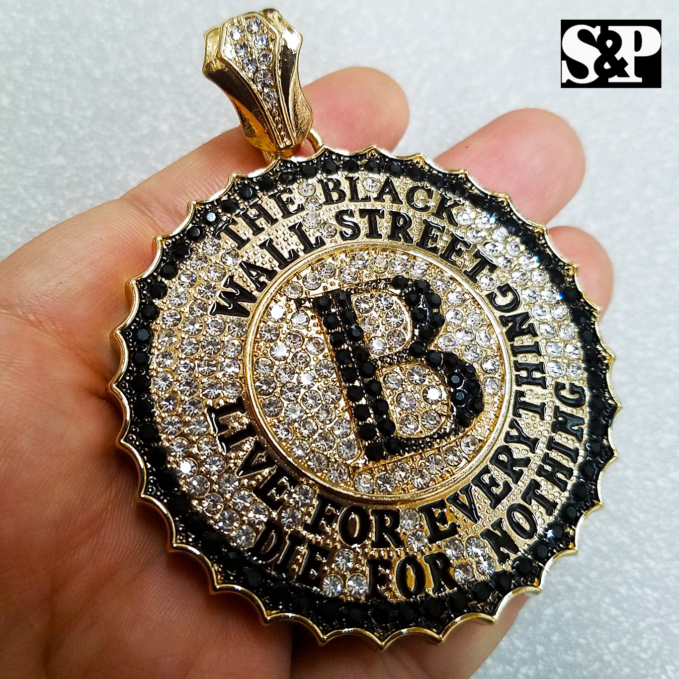 ICED HIP HOP CUBIC ZIRCONIA GOLD PLATED ALLOY THE BLACK WALL STREET PENDANT
