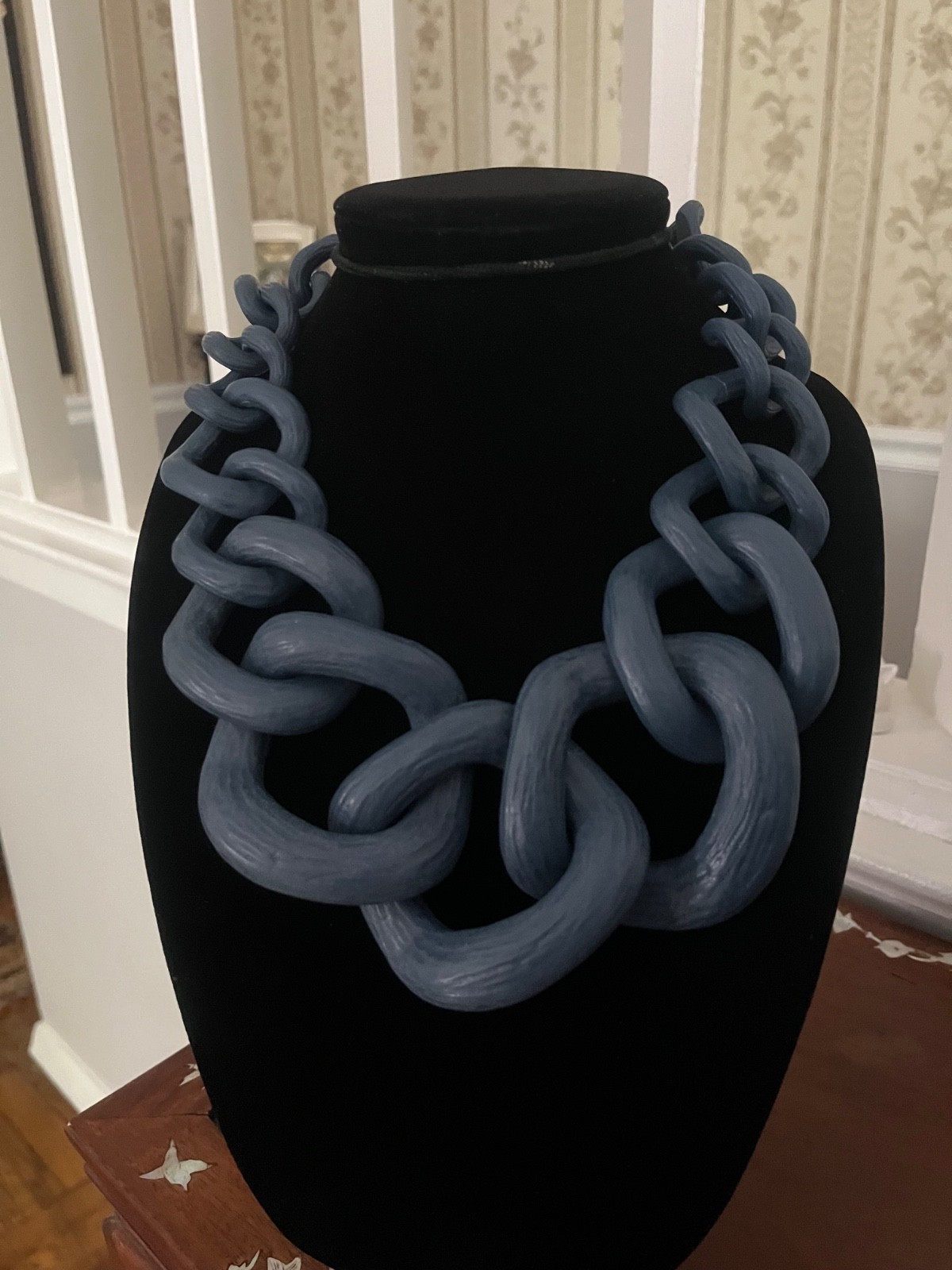 Chunky Blue Resin Large Chain Link Matte Oversized Statement Necklace Boho Retro