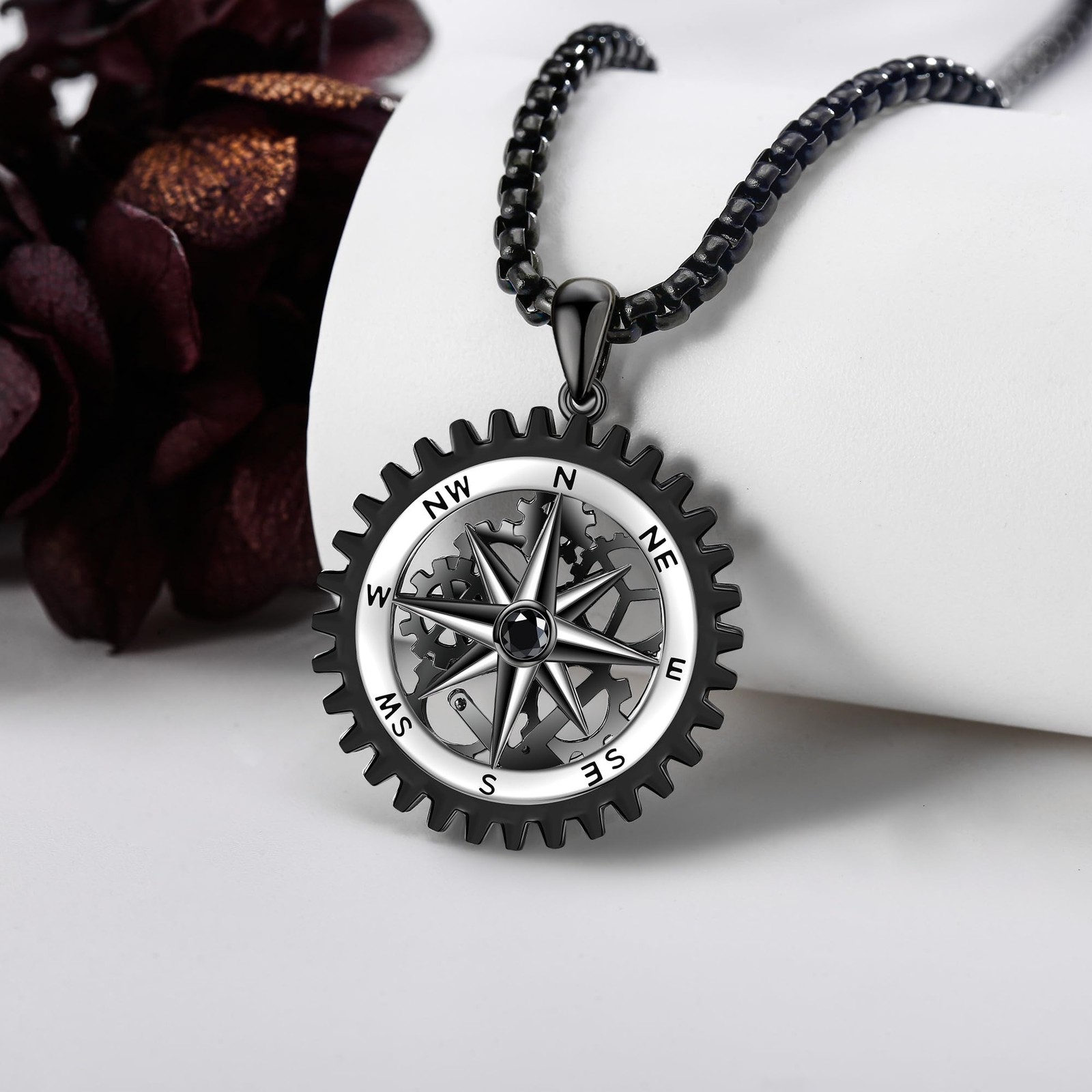 Compass Necklace for Men 925 Sterling Silver Black Compass Pendant for Men Co…
