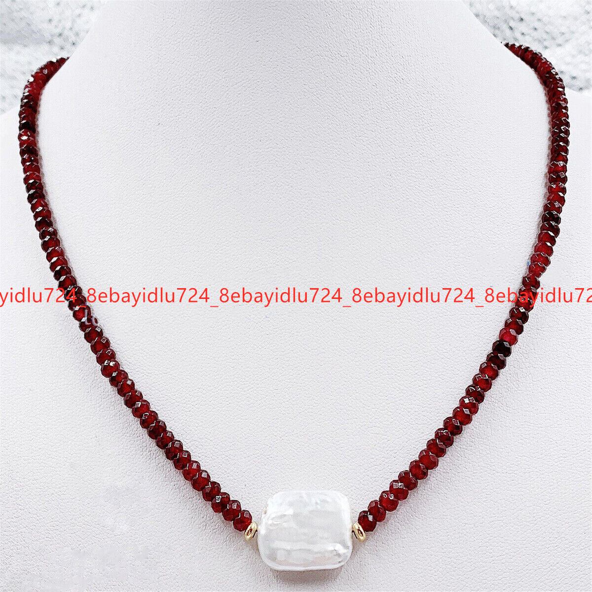 Faceted 2x4mm Red Garnet Natural 15x20mm White Baroque Pearl Pendant Necklace