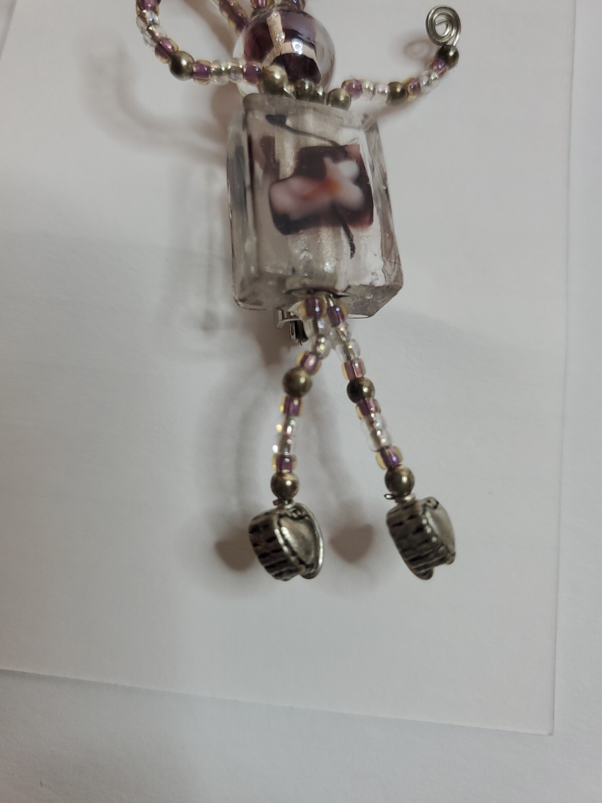 Brooch Pin Handmade Bead Person Jewelry Pink Gray White 3″ tall Adjustable