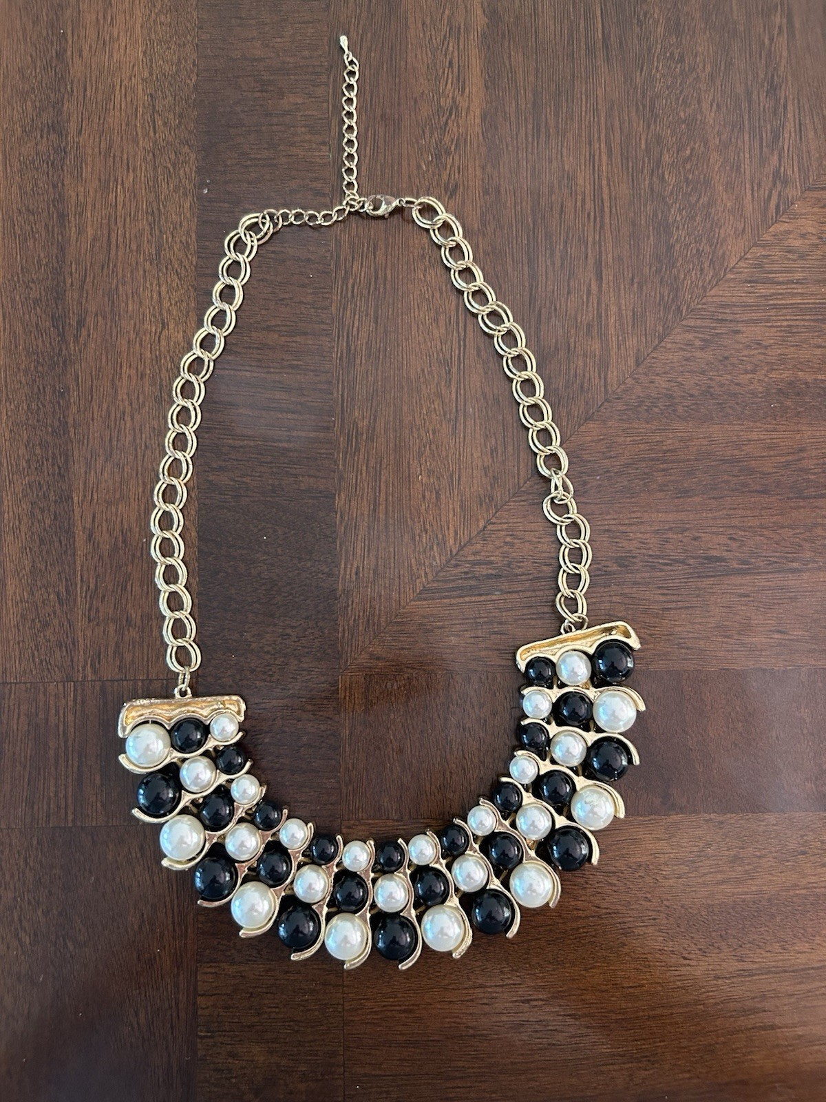 Statement Bib Necklace Gold Tone Cable Chain Black White Faux Pearls Cluster