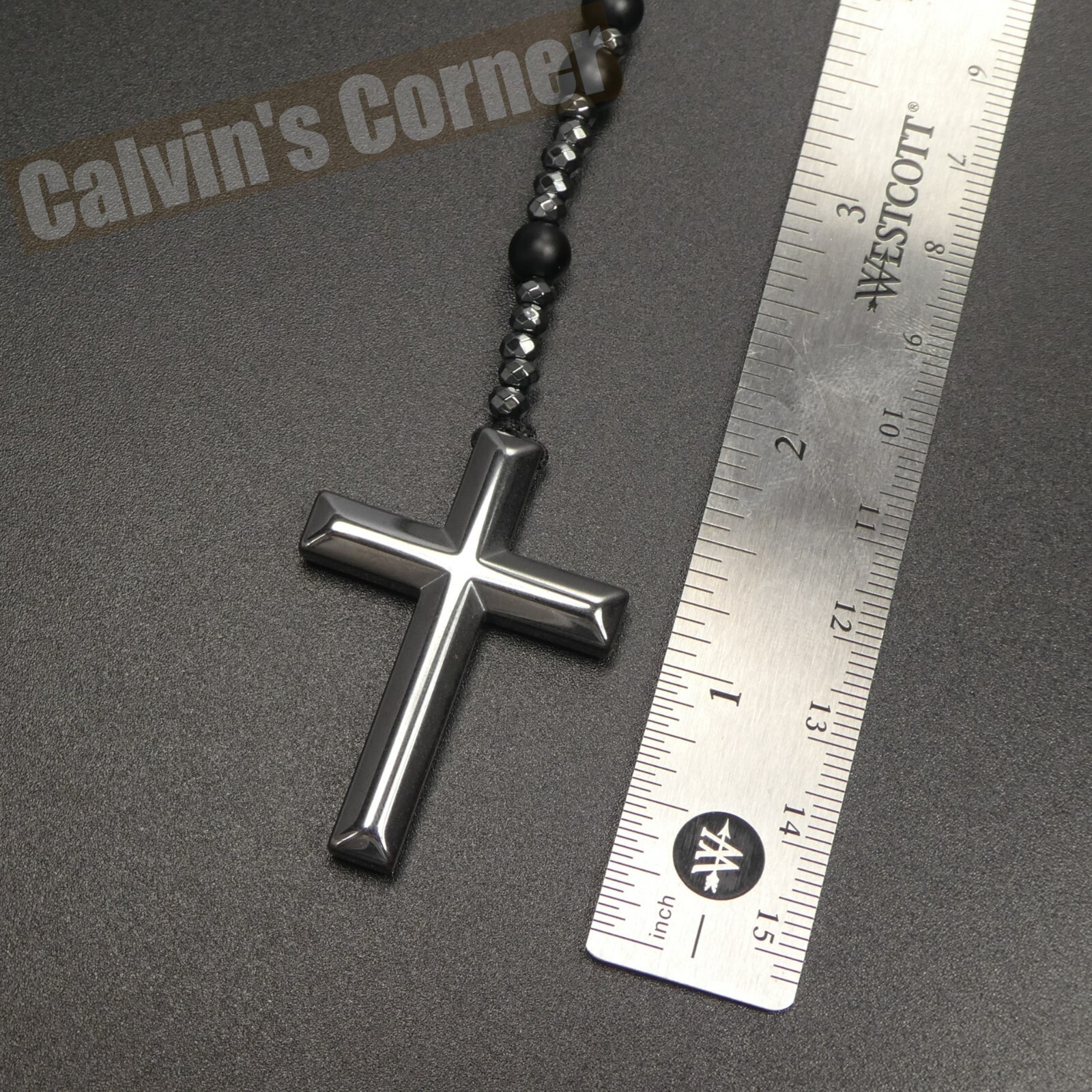Matte Black Onyx Hematite Rosary Necklace Catholic Christ Cross Men Women Gift