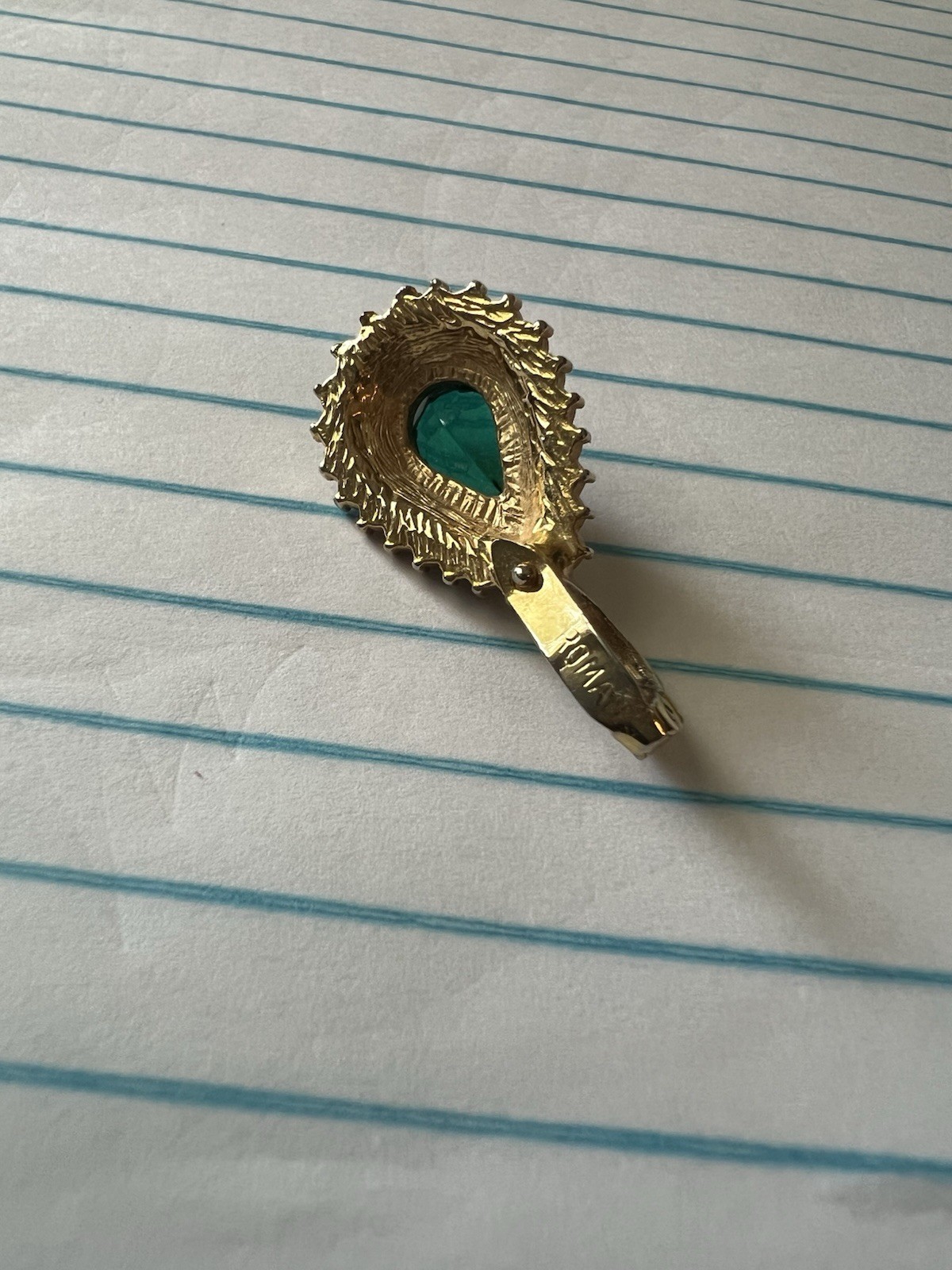 Vintage Roman’s Teardrop Green Crystal Halo Pendant Charm, Yellow Gold Tone Bail