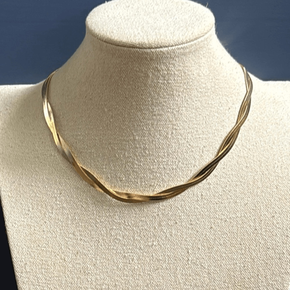 Liquid Gold Necklace Braided Snake Chain in 14k Gold Plate with Glossy Finish
